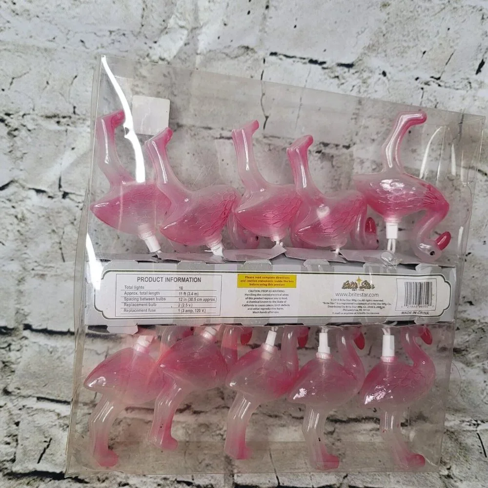 New Brite Star Set of 10 Lighted Patio Lights Pink Flamingo Indoor Outdoor